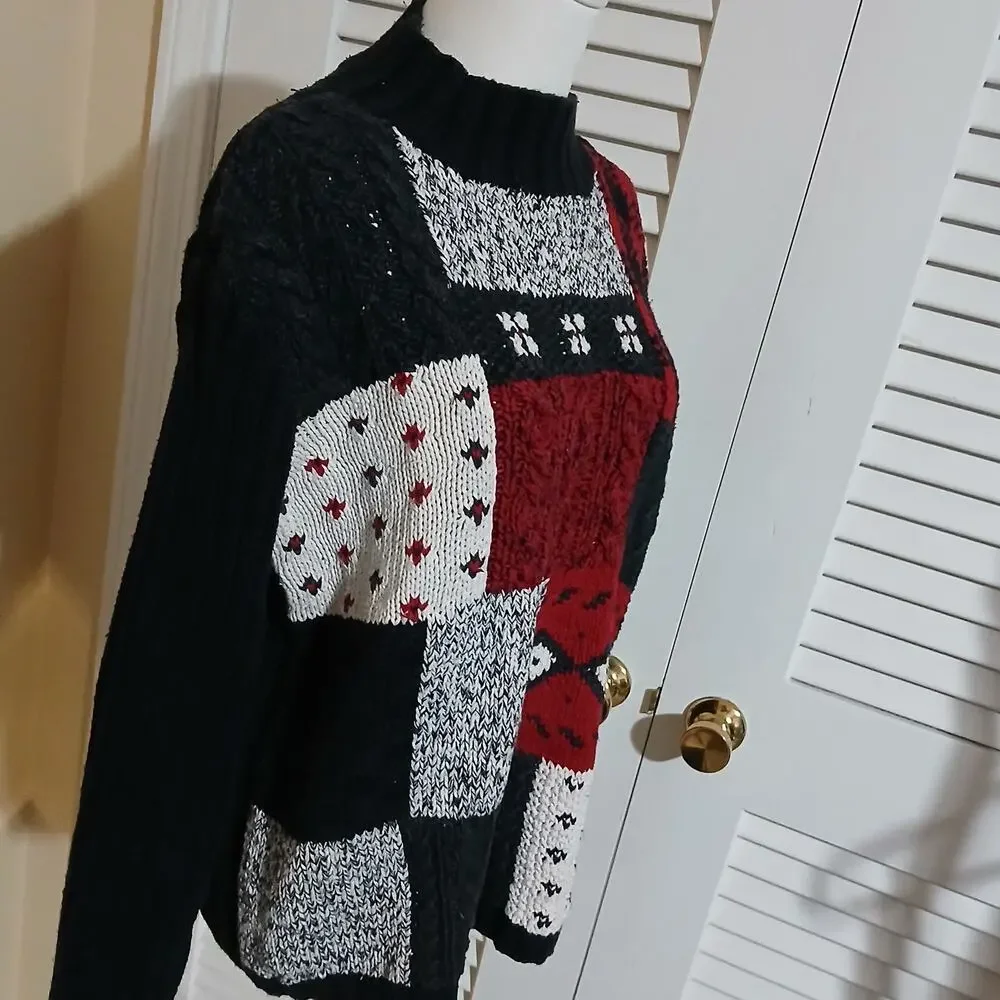 VTG Liz Claiborne Large Mock Neck Cotton Blend Red/Black/White Block Sweater